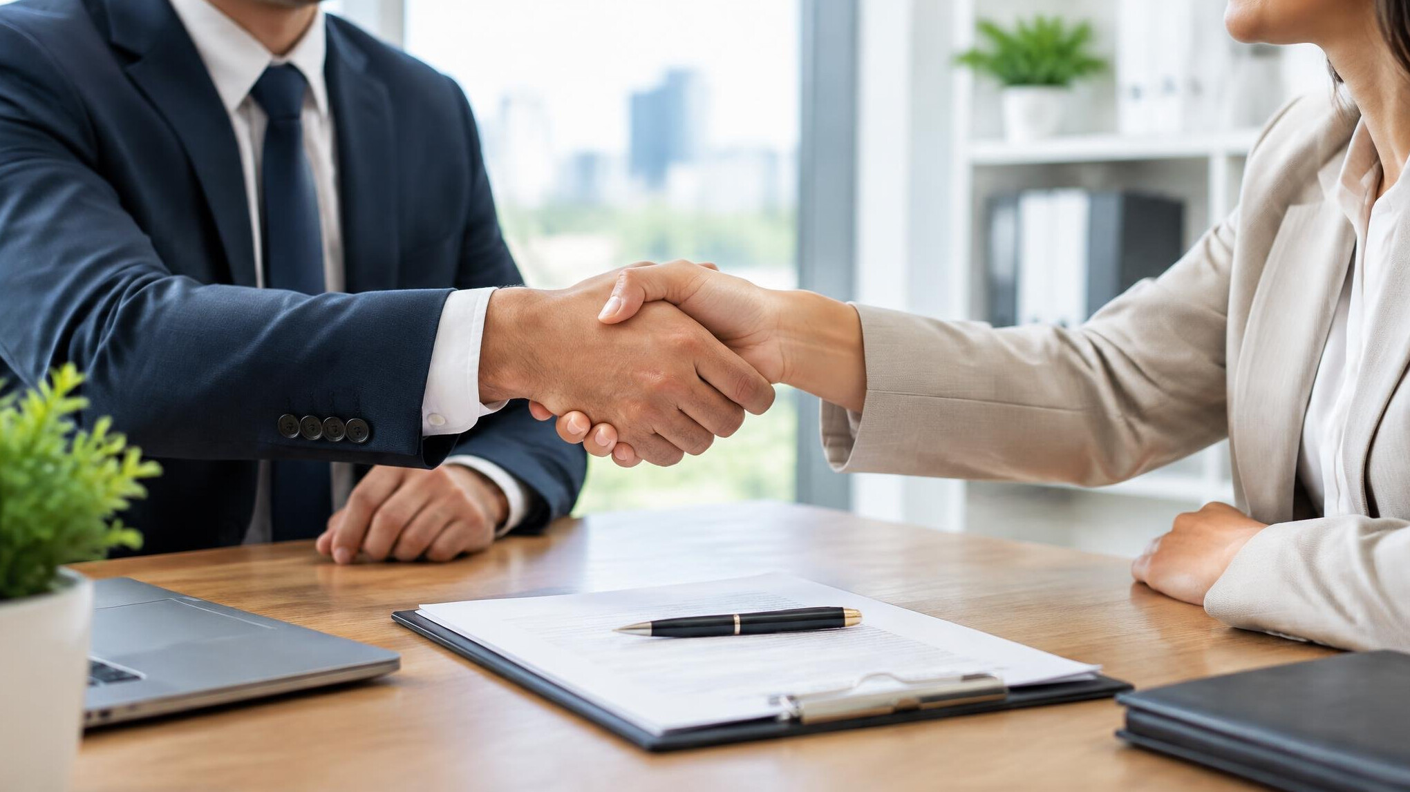 Two business partners shaking hands over a table
