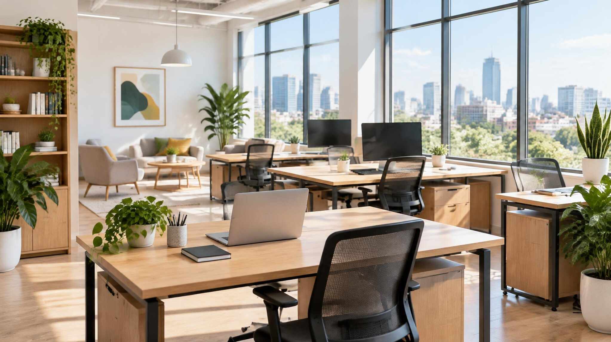 Bright modern office interior with desks and windows